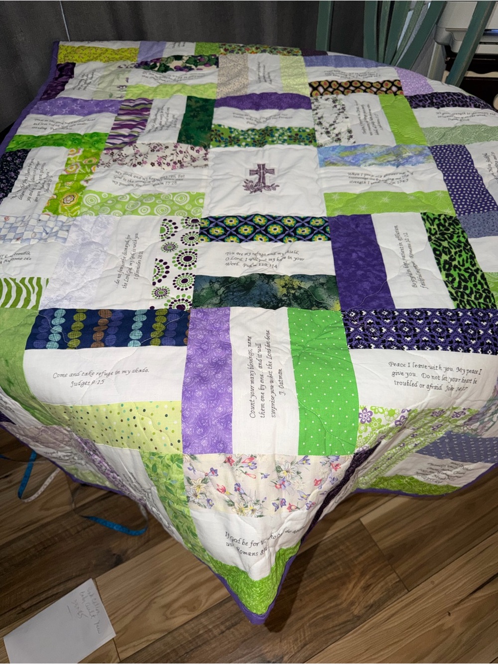 Cottagecore Handmade Lavender and Green Patchwork Quilt with Scripture Embroider